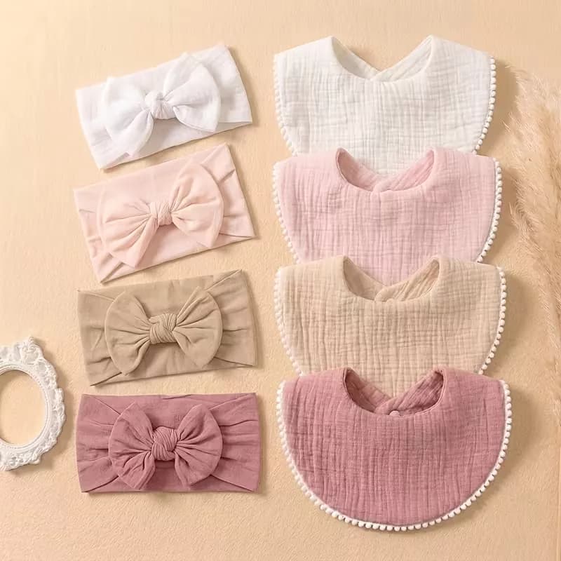 Kit 8 Peças Faixa De Cabelo Com Laço e Babador Combinando