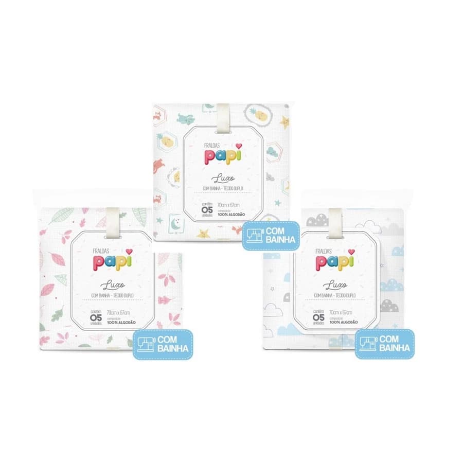 Fralda Luxo Tecido Duplo Papi 5 Unidades - 100% Algodão Com Bainha